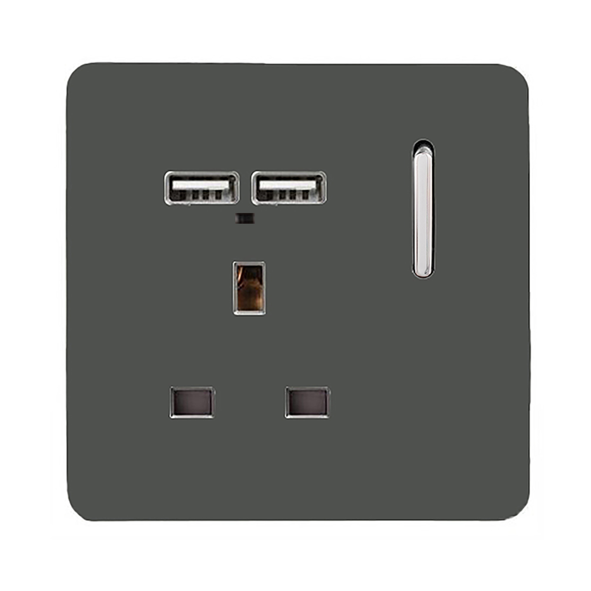 1 Gang Switched Single Socket 13A With 2 x USB-A 10W (Shared) With Neon Insert Charcoal
